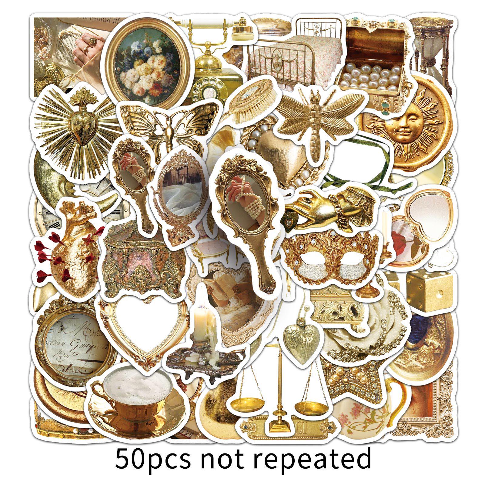 

50pcs Retro Gold INS-Style Stickers for Tea Cups, Gorgeous Court Graffiti Decoration, Creative Color Painting Stickers for Stationery