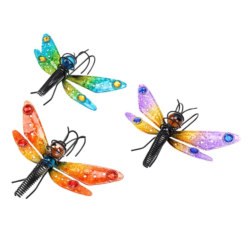 3pcs Plant Pot Decorations Eye Catching Iron Stained Glass Plant Pot Ornament for Garden Balcony Colorful Dragonfly