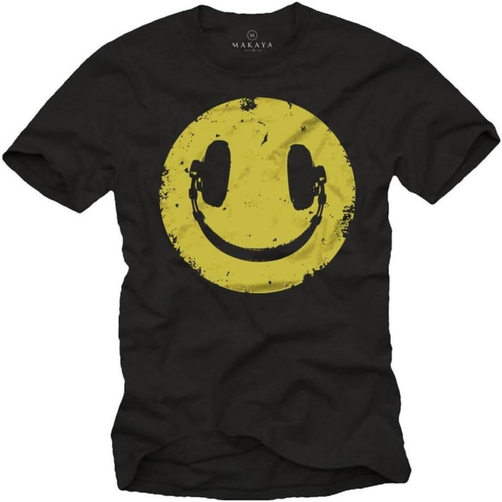 Men's Vintage Black T - Shirt with Yellow Smiley Face and Headphones Print - Ideal Hip Hop Gift