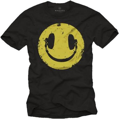 T-shirt Nera Vintage da Uomo con Faccina Gialla Sorridente e Stampa Cuffie - Regalo Hip Hop Ideale