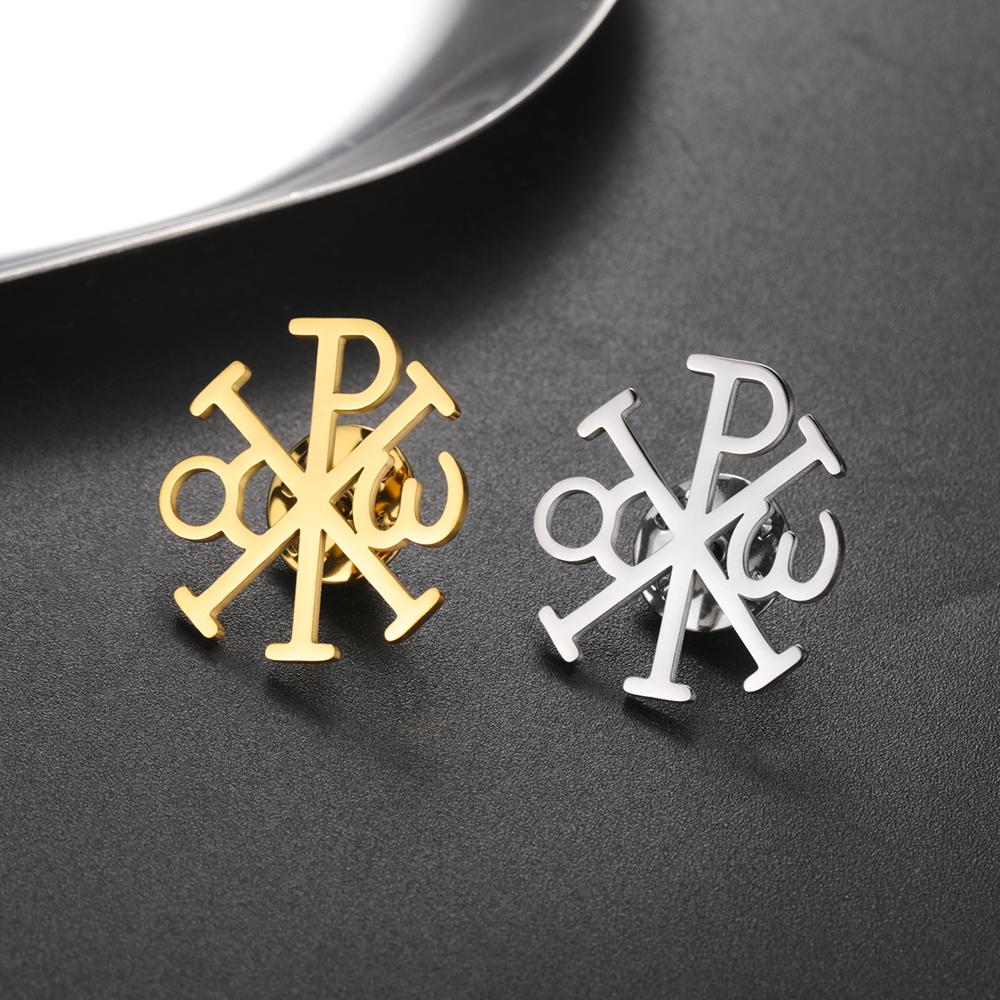 Dawapara Chi Rho Cross Brooch Pins Christogram Greek Symbol Religious Jesus Christian Jewelry Stainless Steel