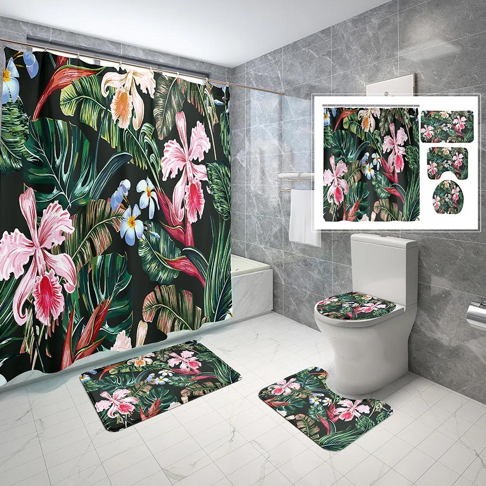 Elegant Leaves Big Flowers Print Shower Curtain With Hooks High Quality Waterproof Bathroom Curtain Bath Mat Set Home Decoration