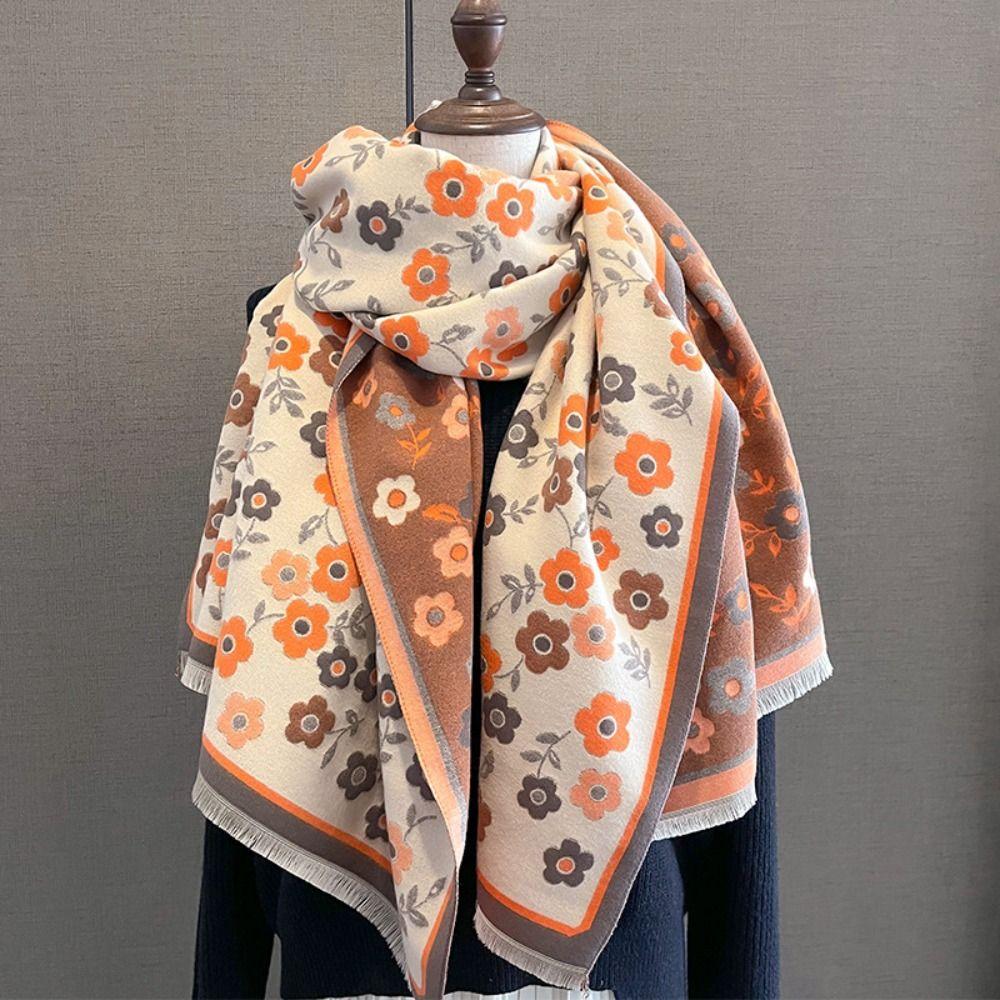 Flower Plaid Knitted Scarf Korean Style Floral Print Scarf Trendy Winter Cashmere Shawl  Lady