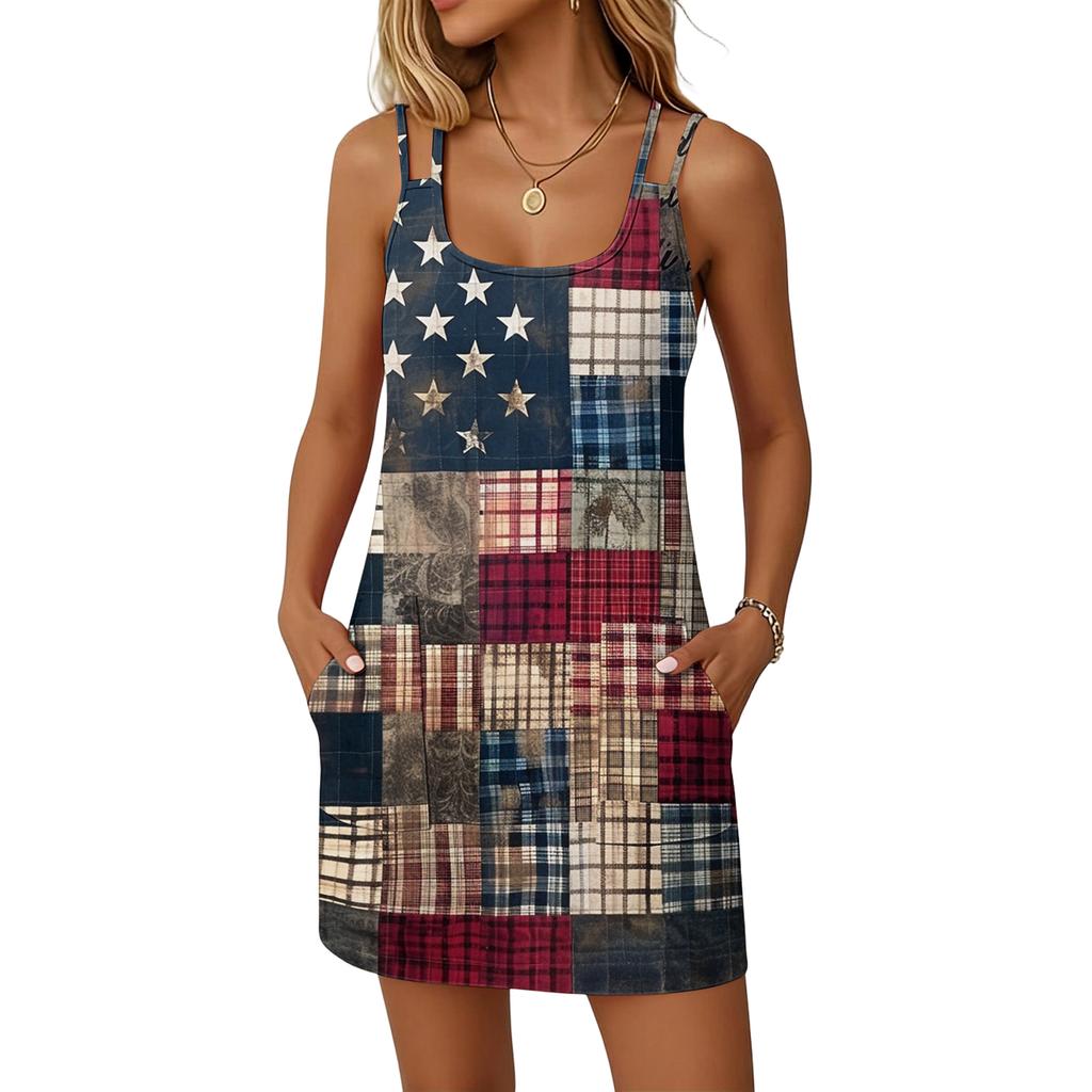 Women’s Fashionable Casual Independence Day Printed Dress, Double-Strap Dress With Pockets