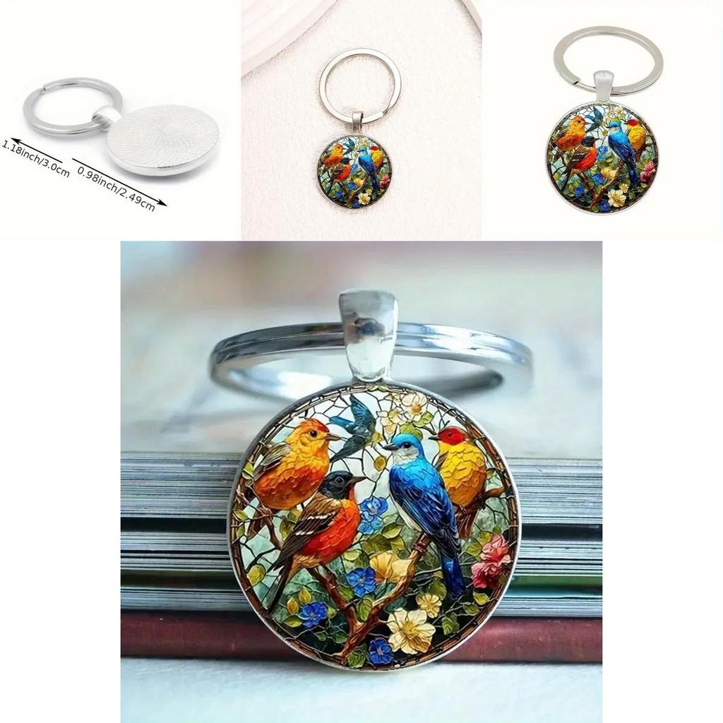 Watercolor Bird Group Glass Keyring With Alloy Material For Gift And Everyday Use