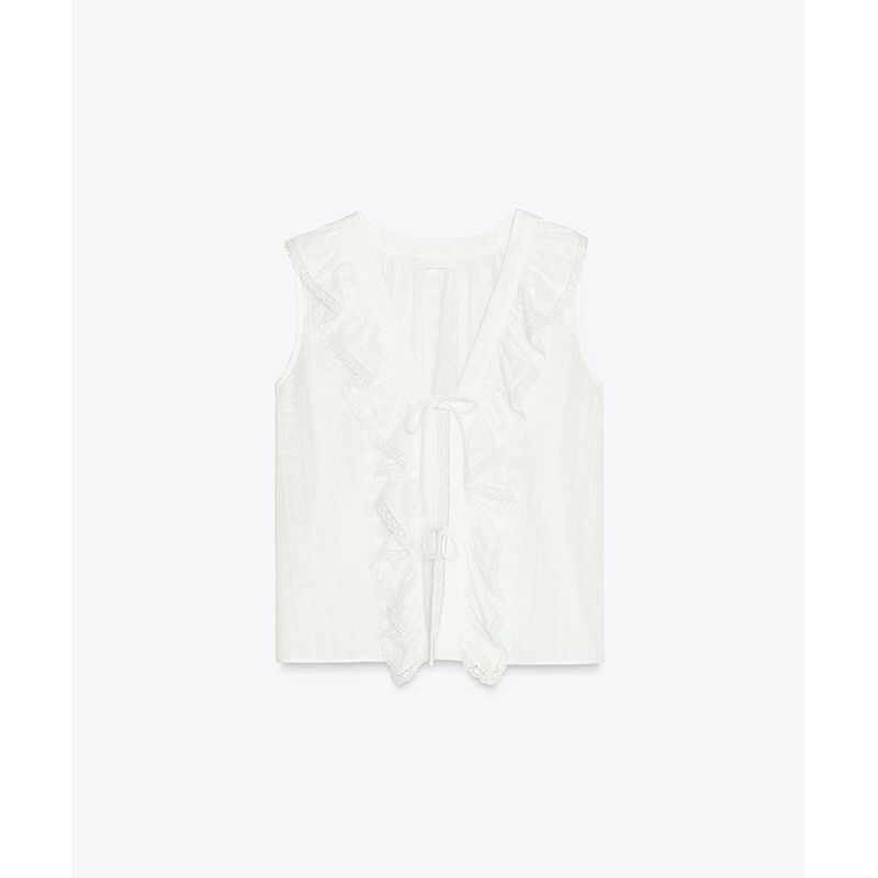 Summer New Product Women's Clothes Minimalist Style V Neck Sleeveless Cotton Laminated Decoration Cut Out Embroider Shirt 2971885