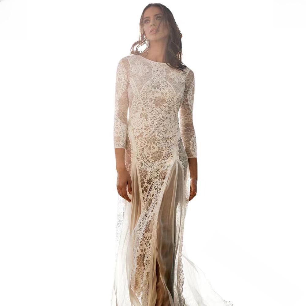 2025 Spring European & American Women's Celebrity Banquet Wedding Dress - Round Neck, Long Sleeve, Printed, Backless Lace