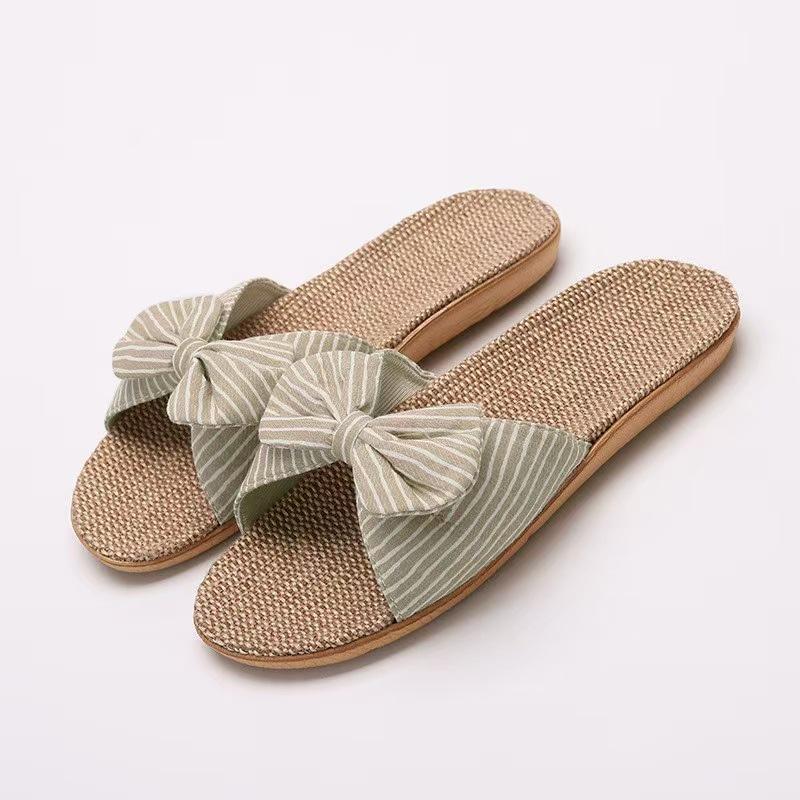 Four seasons slippers open-toed cotton linen mop Japanese eva women's home indoor summer linen slippers striped bow