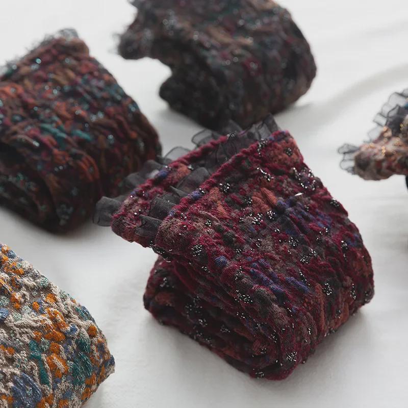 Damskie japońskie koronkowe skarpetki do połowy łydki w kwiaty - styl retro leśny z etniczną osobowością