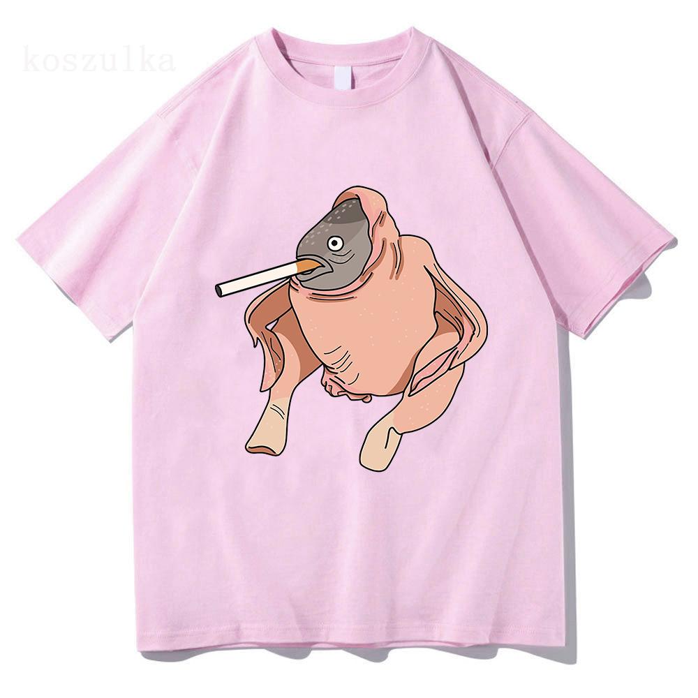 Fish Chicken Smoking A Cigarette Funny Meme T-shirt Cartoon Printed Tshirt for Men/Women Cotton Soft High Quality Tee-shirt
