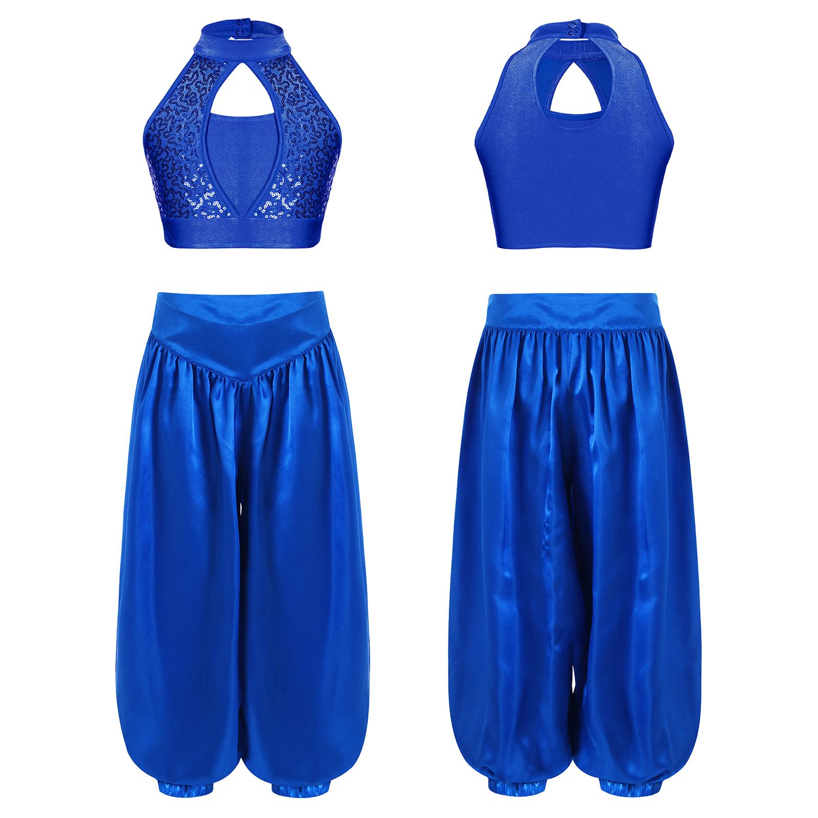 

Топ для танцю живота для дівчаток без рукавів з коміром-стійкою, вирізом-краплею на спині та паєтками, укорочений, з широкими атласними шароварами 9-10 Years синій