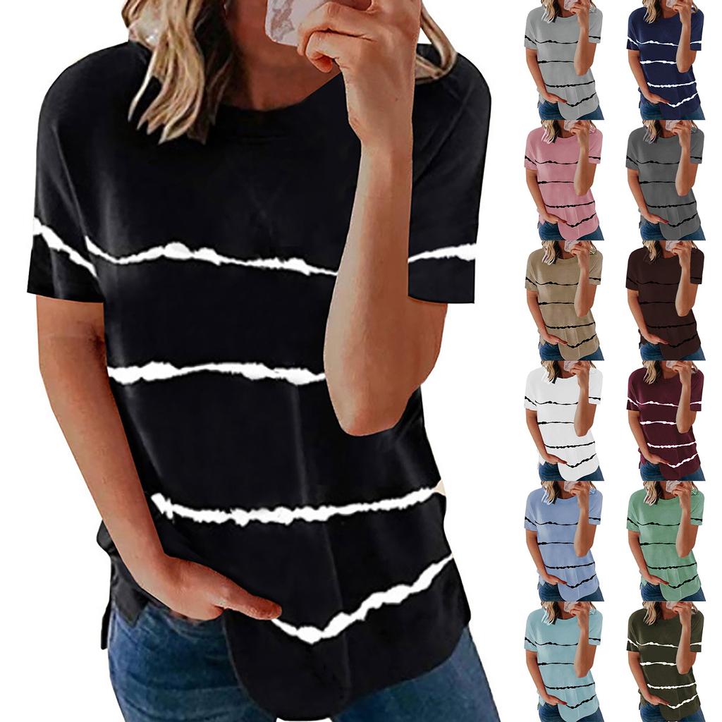Fashion Women's Loose Short Sleeve T-shirt Round Neck Stripe Print Tops