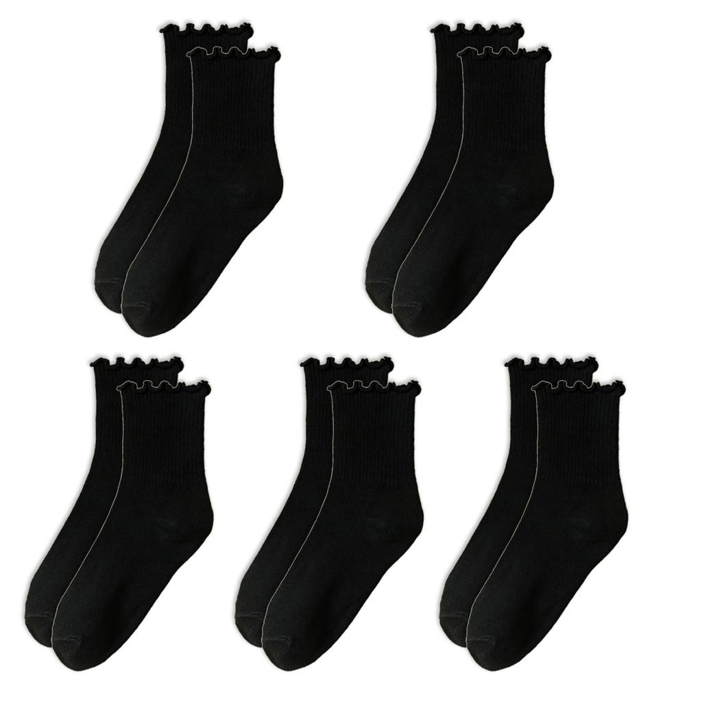 5 Pair Women Fashionable Ruffle Cuffs Crew Socks Cotton Blend Ribbed Knitted Stretchy Fit Comfortable Frilly Ankle Socks