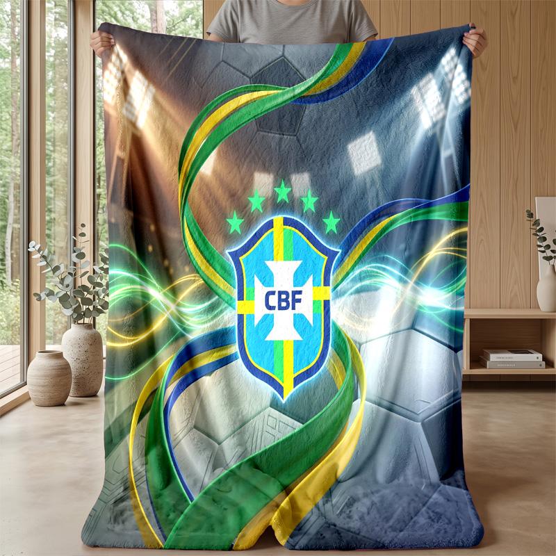 Brazil Football Printed Flannel Blanket Skin Friendly Warm Decorative Throw for Indoor Couch Bed Daily Use