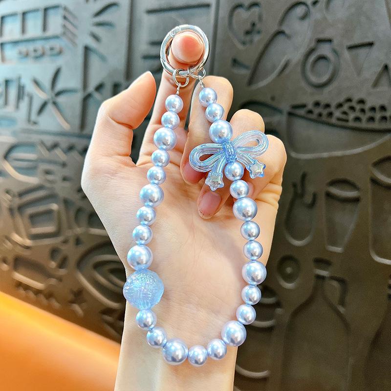 Flash Beaded Mobile Phone Chain Crystal Bow Key Bag Lanyard Pearl Mobile Phone Lanyard Small Gift