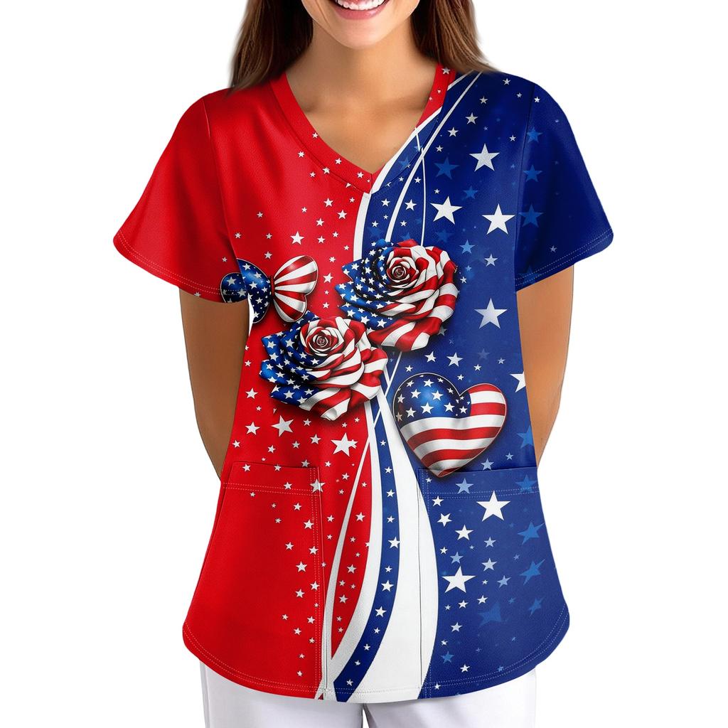 Women's Patriotic Print V-Neck Short Sleeve Scrub Top with Pockets Loose Fit