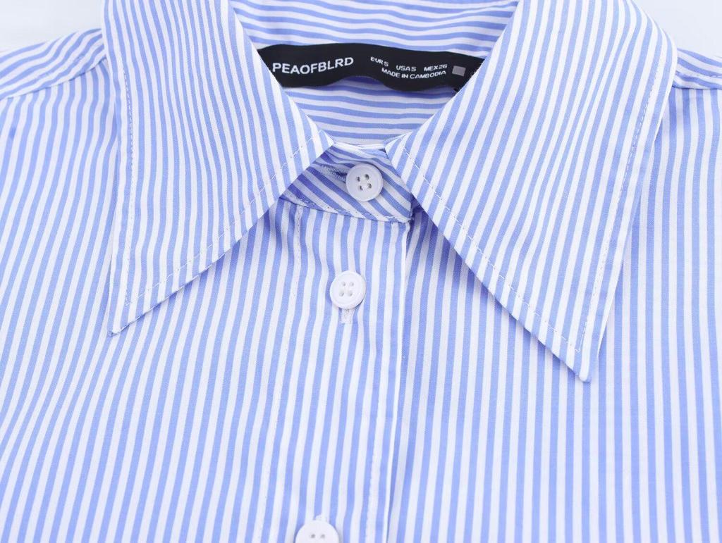 2025 Spring/Autumn Floral Print Blue Striped Loose Fit Long Sleeve Shirt with Turn-Down Collar