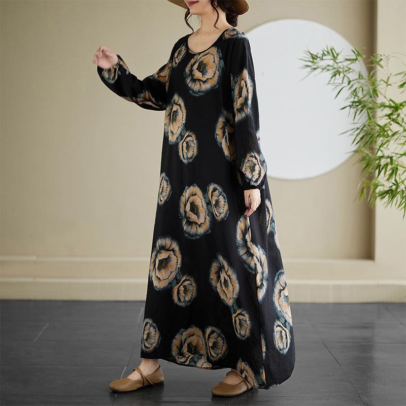 Herbstlich Lässig Künstlerisch Übergröße Locker Bedruckt Rundhals Langarmkleid für Frauen Kleider