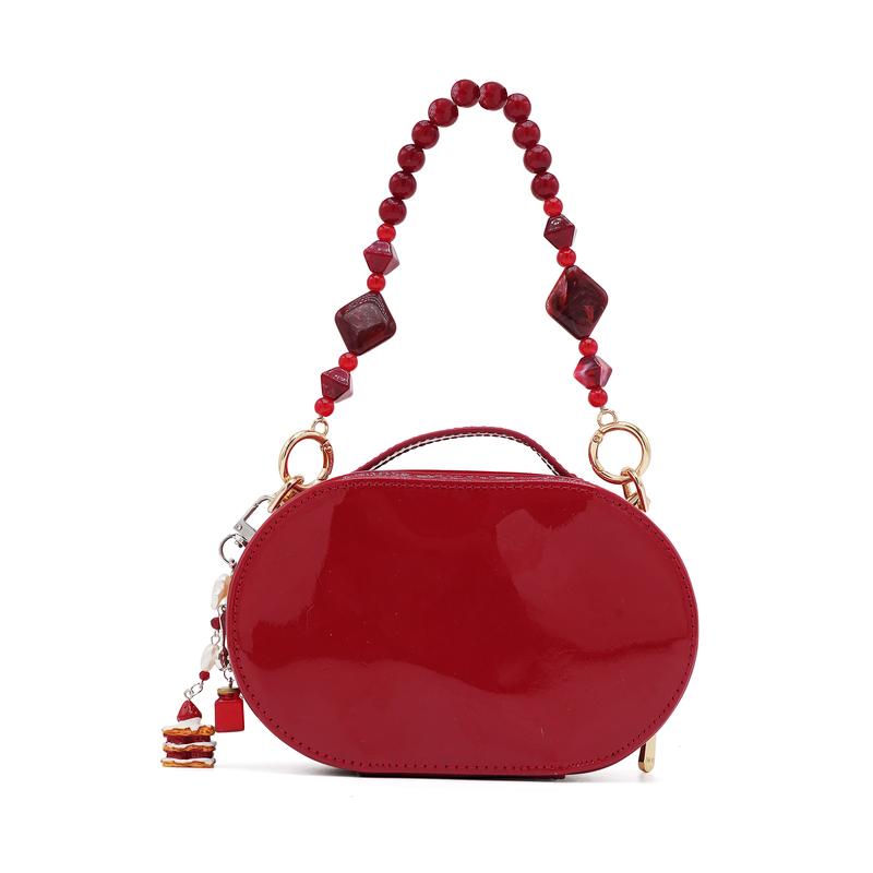 DIOR [Customized Cosmetic Bag] Leather Red Rose Dream Bath Bag Patent Leather Glossy Portable Exquisite Pearls