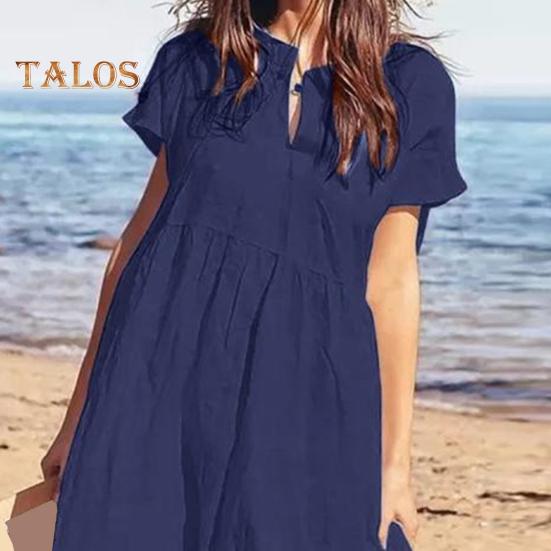 Women's Cotton Linen Maxi Dress Casual Short Sleeve V-Neck Sundress Loose Beach Pleated Long Dress for Summer Vacation