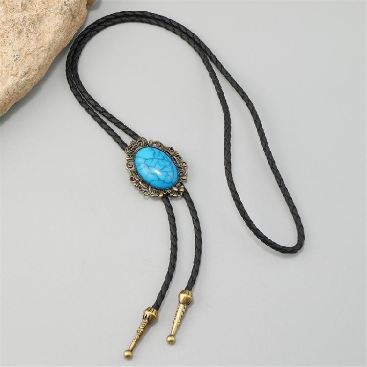 Elegant Crack Turquoises Accented Bolo Tie With Leather Cord Adjustable Necktie Necklace For Casual Or Formal Outfit