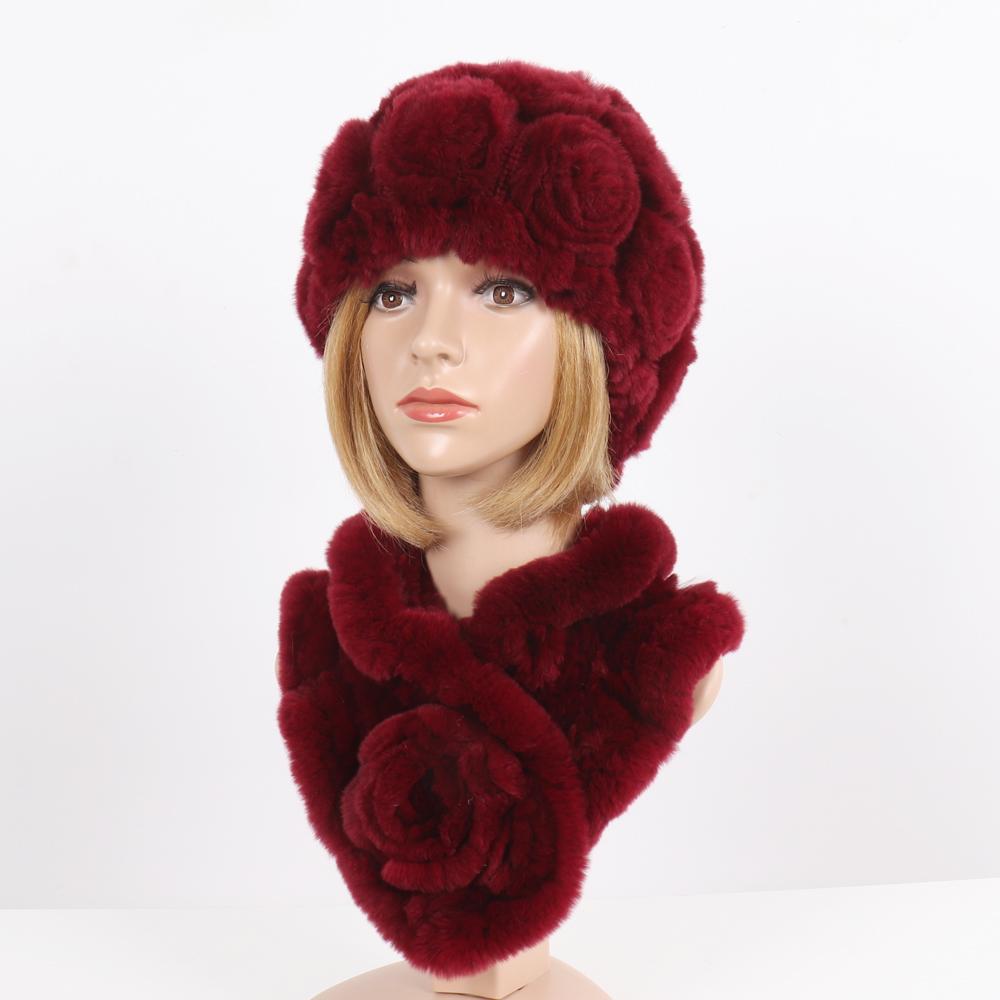 Нові Жіночі Зимові Хутряні Шапки Шарфи Набори Натуральні Теплі Справжні Шапки з Хутра Кролика Рекс Шарфи Леді В'язані Шапки з Натурального Хутра Шарф