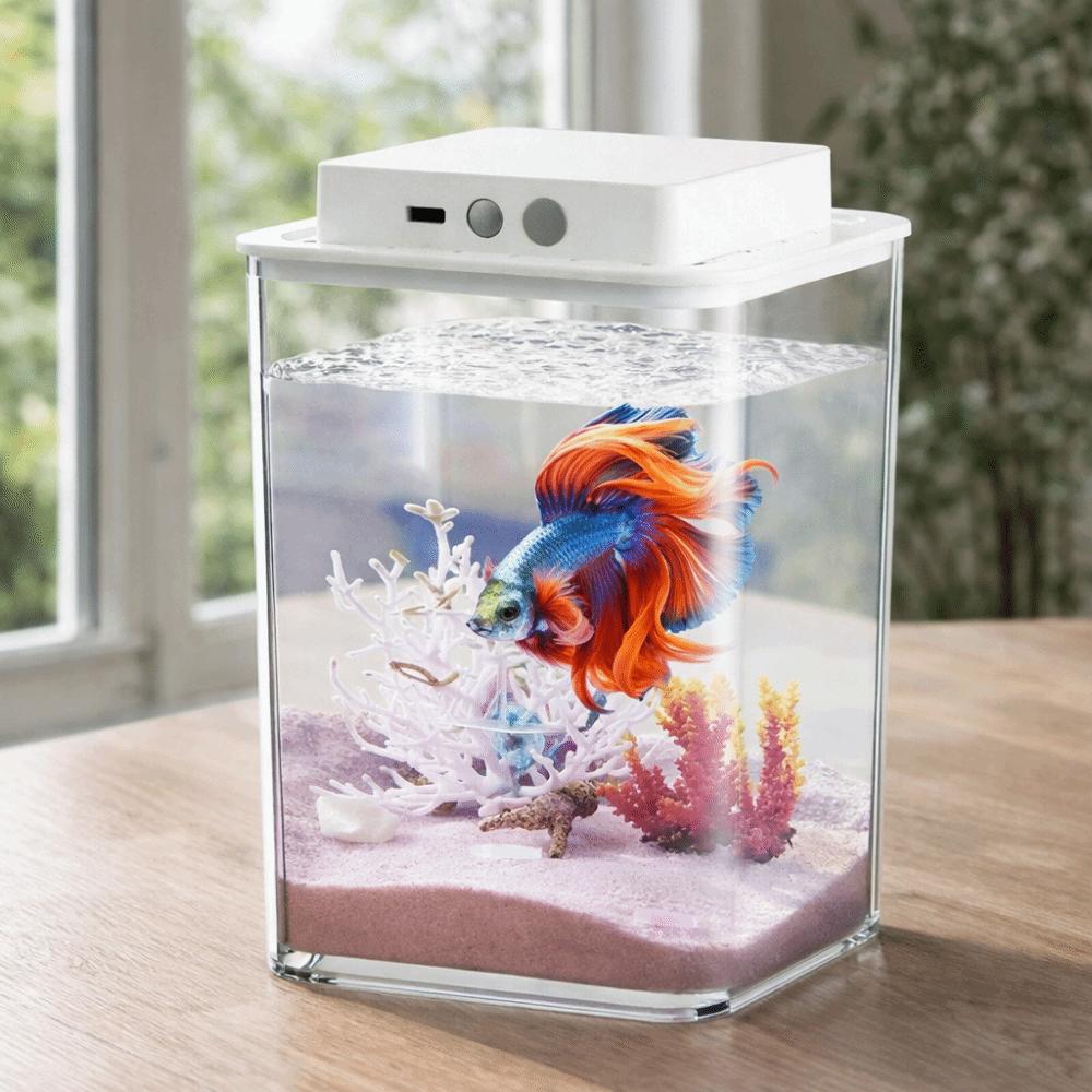 Transparent Betta Fish Tank USB Charging Intelligent Sensing Fish Breeding Tank with Feeding Hole LED Light Figure Display Case