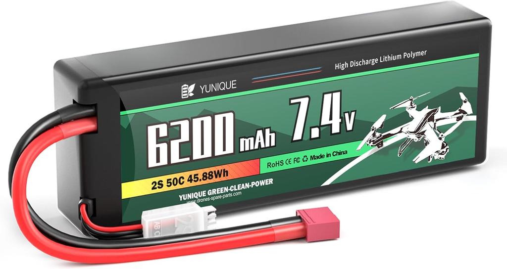 Lipo Battery 2S 7.4V 6200mAh 50C with T-Plug Connector – High Power for RC Models – Hard Case, Silicone Wire