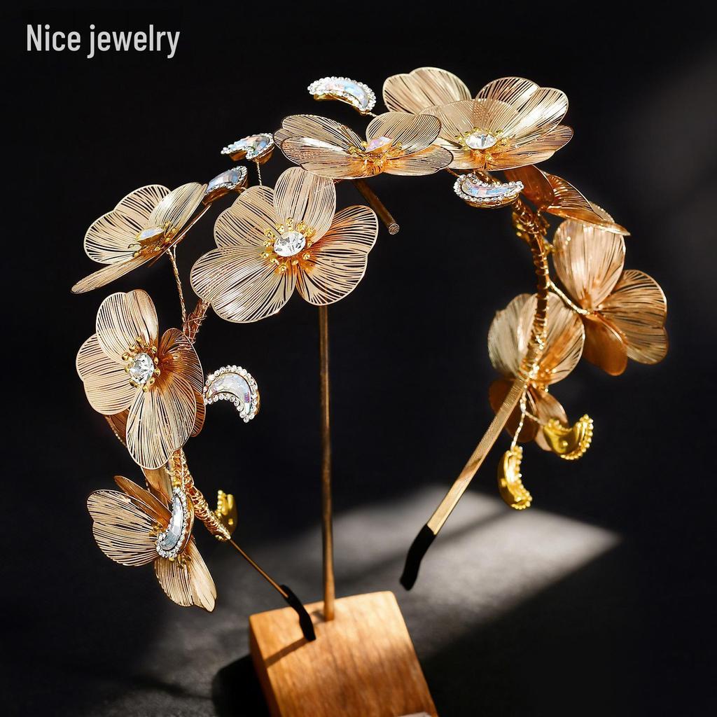 NS410 Retro Korean Metal Flower Multi-Layer Headband with Three-Dimensional Hollow Gold Design