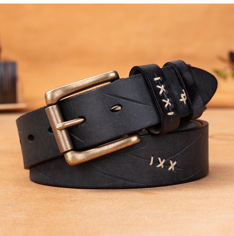 Handmade Men's Genuine Leather Pin Buckle Belt: Pure Cowhide, Casual Retro Design for Students, Middle-aged, and Young People, Trendy Denim Accessory.