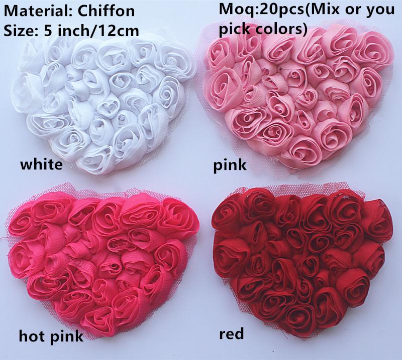 20 Stück Große Chiffon-Rosen-Herz-Aufnäher für DIY Baby Mädchen Kleidung Kleid Strampler Hemden Nähdekorationen Haarschleifen-Zubehör