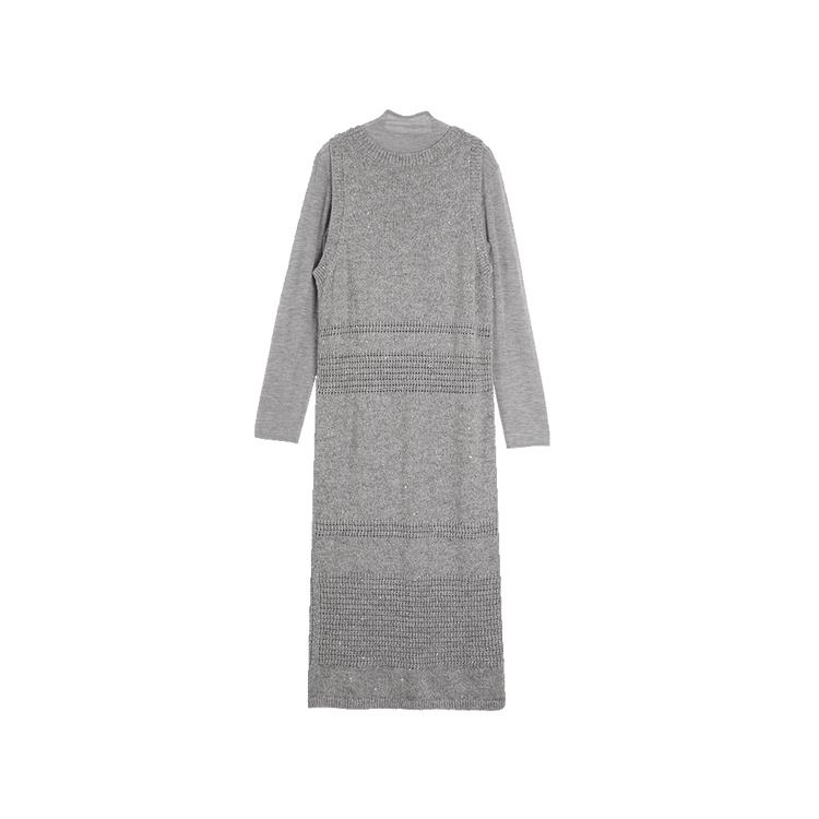 ELLE French High-End Knit Wool Unique Design Long Sleeve Dress Women dresses Medium-Gray EL40188