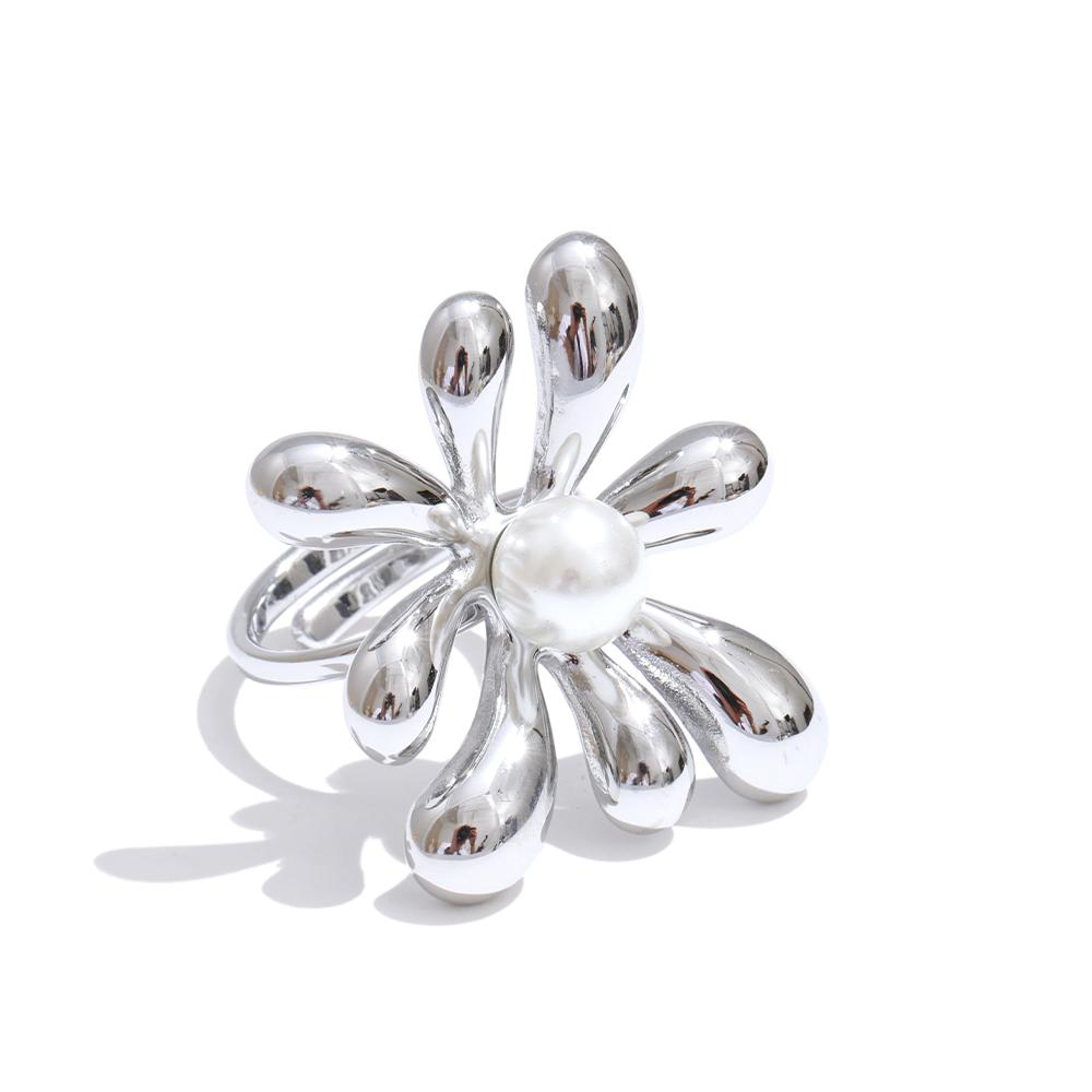 

Yhpup Stylish Unique Stainless Steel Pearls Flower Adjustable Fashion Ring for Women Tarnish Resistant Minimalist Finger Jewelry resizable