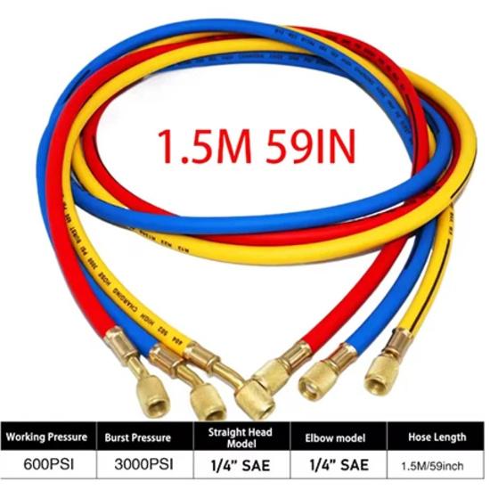 0.9M-1.8M A/C Charging Hose Tube Kit Hose Low Loss Fittings for R134A R12 R22 Refrigerant Air Conditioning Manifold Gauge 1/4" S