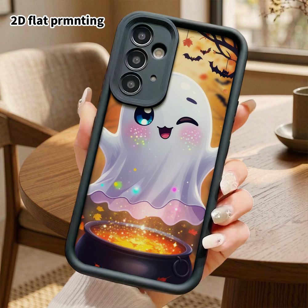 Phone Case: 2D Flat Samsung Galaxy A34 A35 M05 M06 S20 S22 S21 FE Plus 5G Layered Case, Cute Little Ghost and Cauldron, Christmas and Halloween Gift