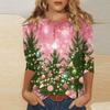 Women's Fashionable Casual Three Quarter Sleeve Christmas Printed Round Neck Top