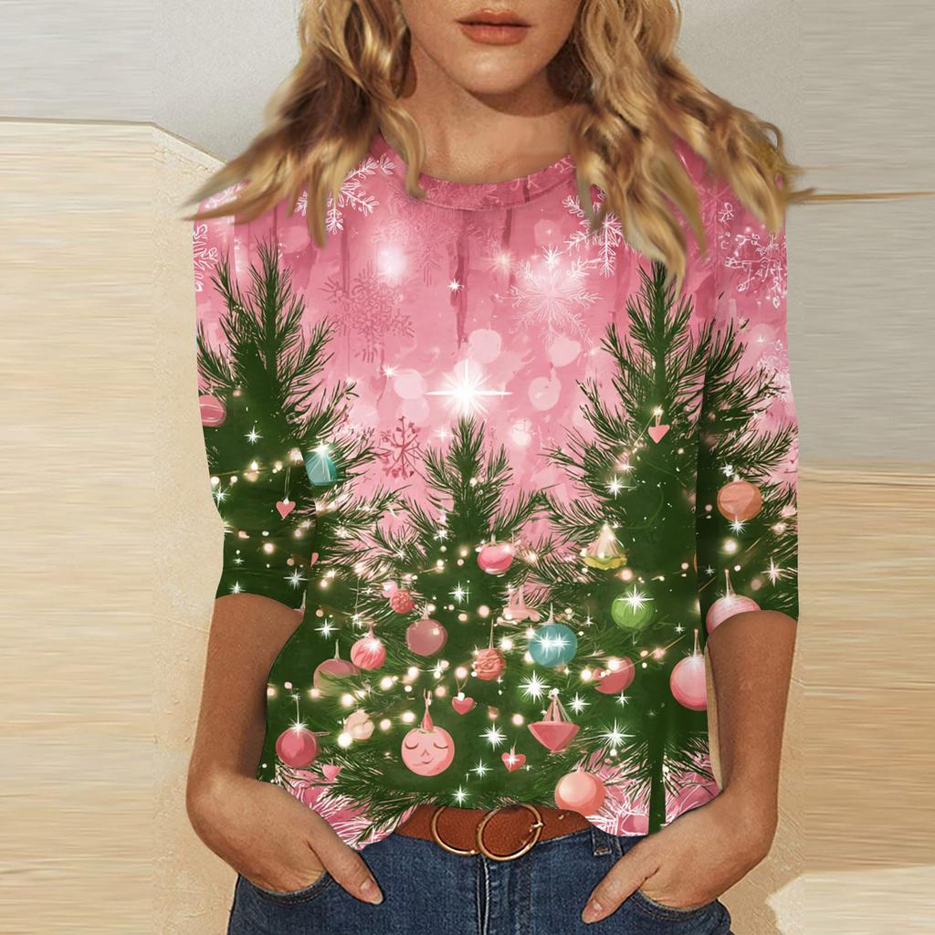 Women's Fashionable Casual Three Quarter Sleeve Christmas Printed Round Neck Top