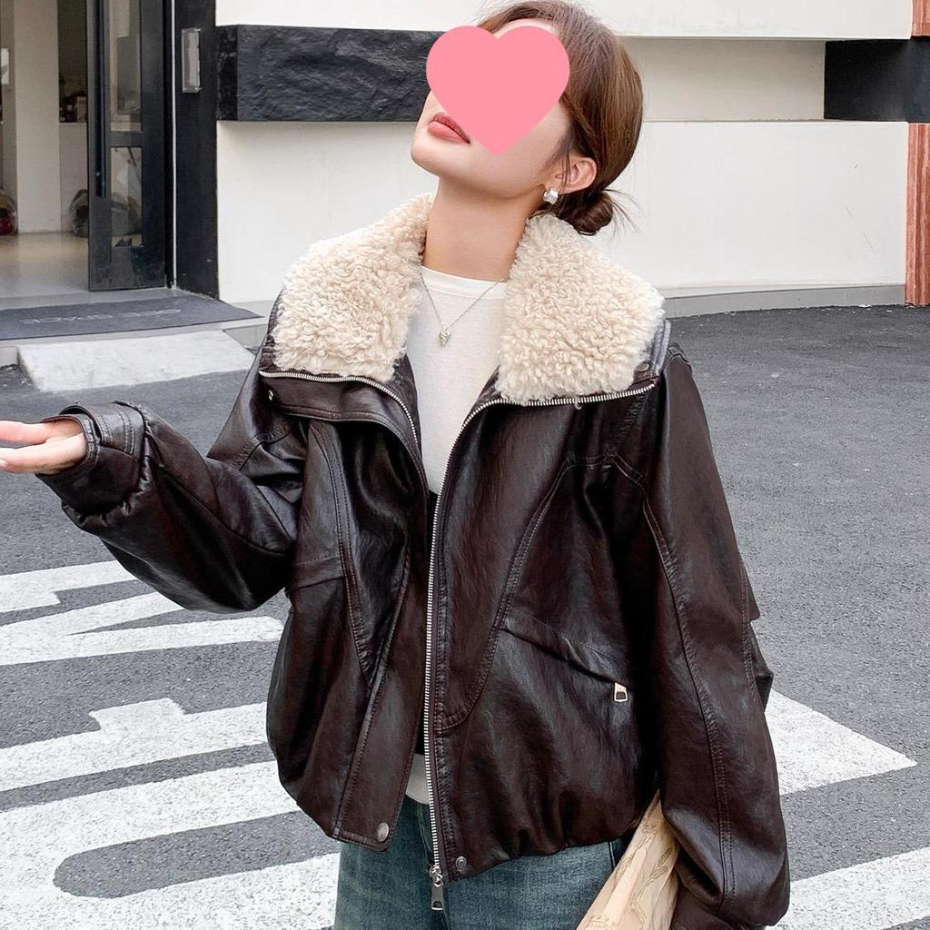 Women's Autumn/Winter 2025 Plus Velvet Plush Lapel Leather Coat - Warm, Thick, Loose, Slimming Cotton Jacket