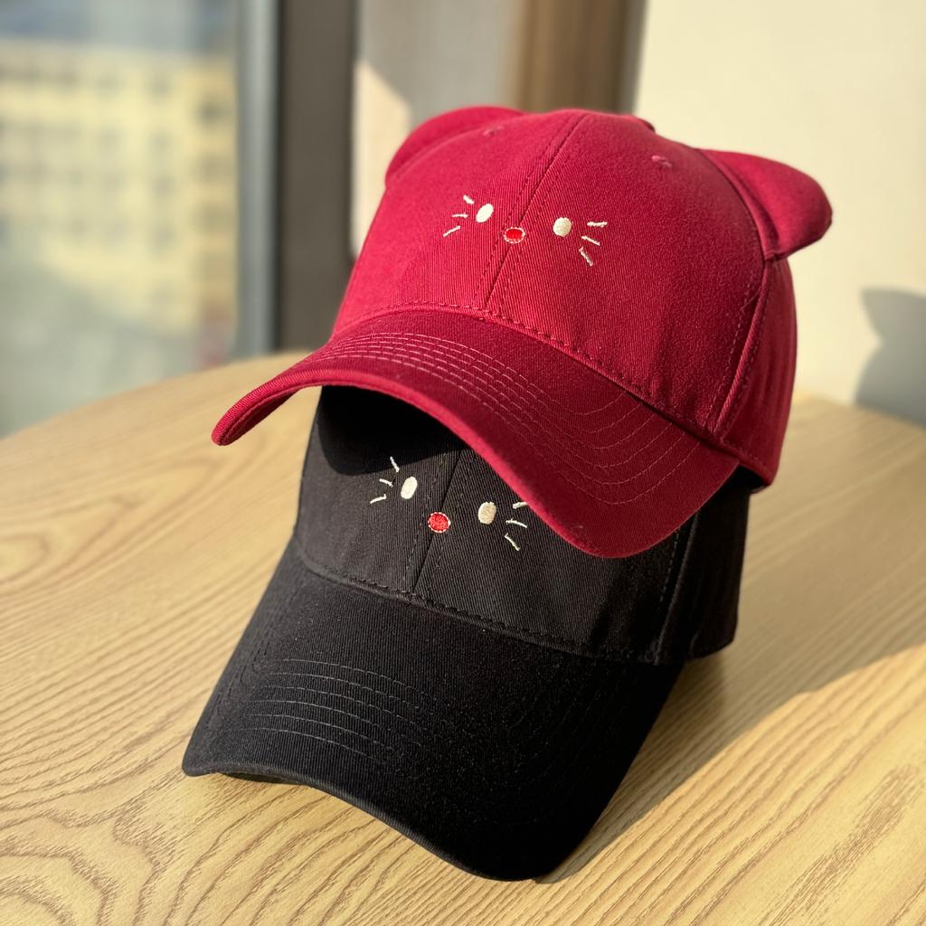 Cute cartoon kitten hard-brim baseball cap for women, sweet girl style, versatile, wide brim, makes the face look smaller, cartoon hat