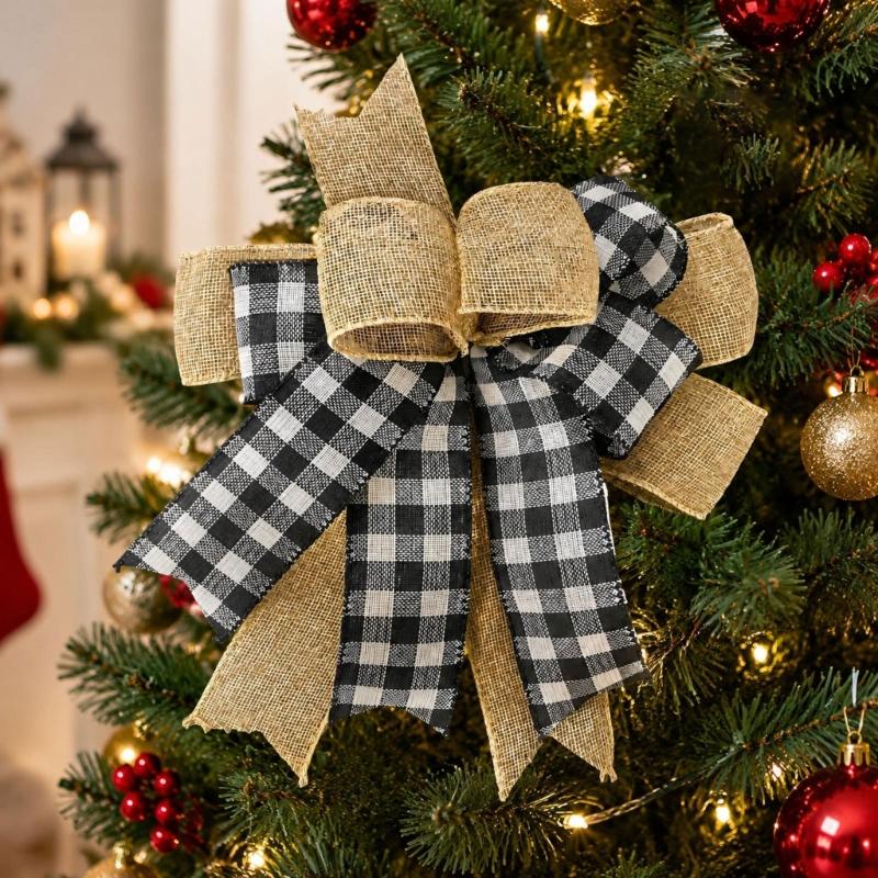 Layered Christmas Bowknot Set, 2-Pack Polyester Patterned Decorations with Concealed Back Tie for Wreaths, Gifts, and Mantels