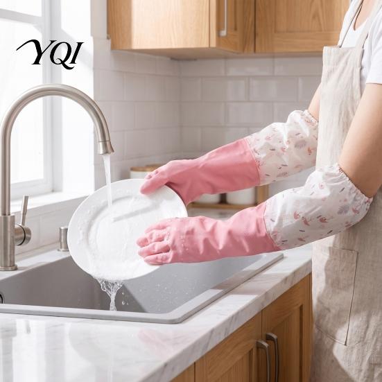 Rubber Dishwashing Gloves with Fleece Lining Long Sleeves Gloves, Thick Non-Slip Silicone Cleaning Wear Resistant Dish Velvet Reusable Waterproof