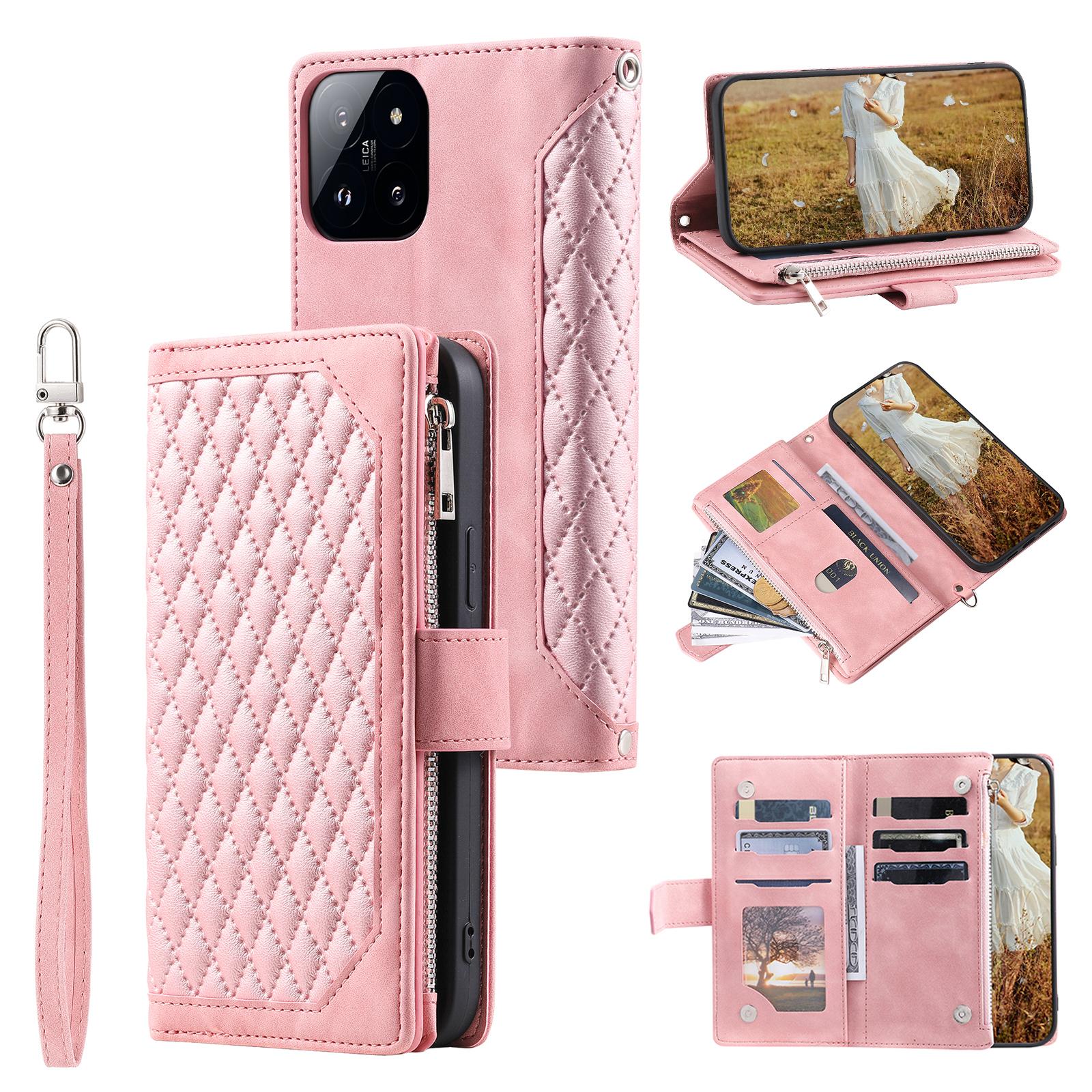 

005 Style For Xiaomi 14 Pro Case Zipper Wallet Rhombus Leather Cover with Strap Rose Gold