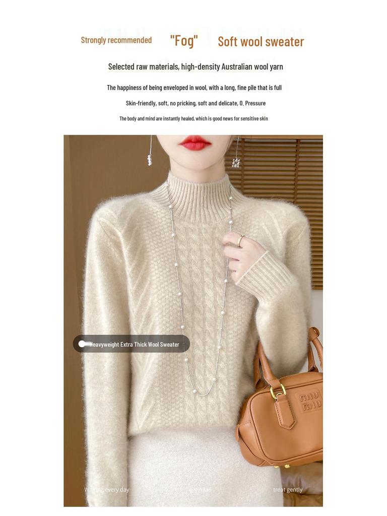 2025 Women's Wool Jacquard Pullover: Cozy Half-High Neck Sweater with Long Sleeves and Age-Reducing Design.
