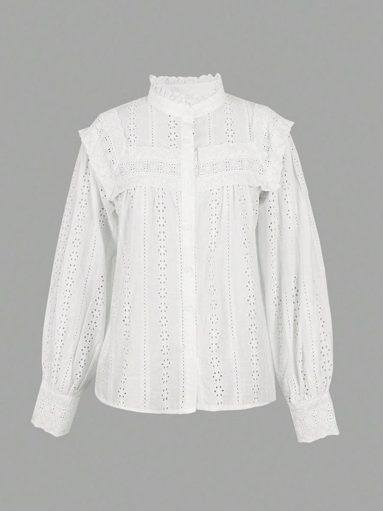 2026 Spring/Autumn European & American Women's Solid Color Embroidered Hollow Top - Holiday Style
