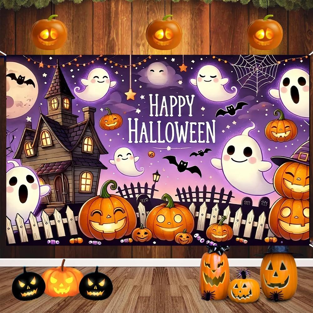 1pc Halloween Background Banner Smiling Pumpkin Lantern Colorful Polyester Backboard Fabric Suitable for Family Gatherings We