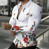 Men Collared Shirt Gray Pink Floral Branch Print Long Sleeve Button Down Top