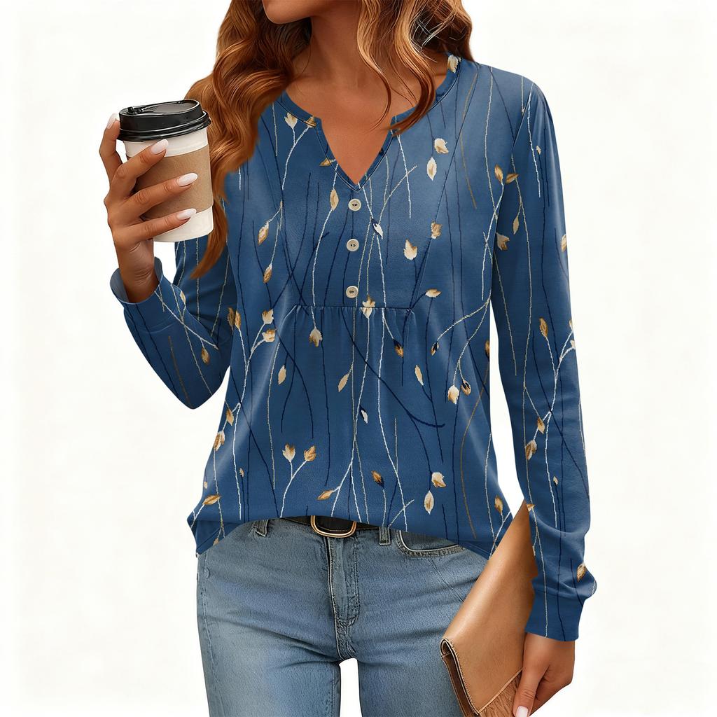 Women's Relaxed,Fit V,Neck Vintage Color,Blocked Floral Print Long,Sleeve Pullover Tee