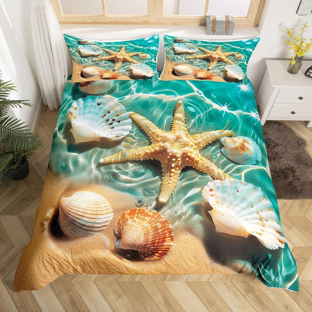 Summer Beach Theme Duvet Cover Twin Queen, Starfish Conch Seashell Bedding Set for Boys Girls Bedroom, Ocean Animal Bed Cover