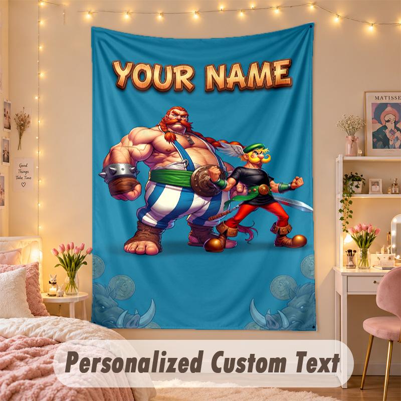 Custom Personalized Tapestry,Asterix & Obelix Print Custom Name Text Wall Art Hanging for Bedroom