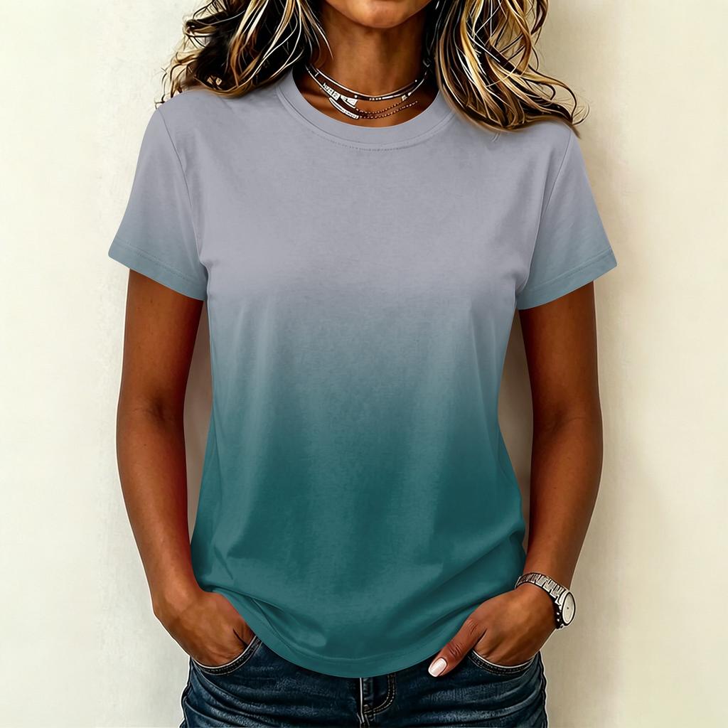 Women's Casual Pullover Short Sleeve T Shirt Gradient Color Crew Neck Top Lightweight Soft Fabric Summer Basic Tee